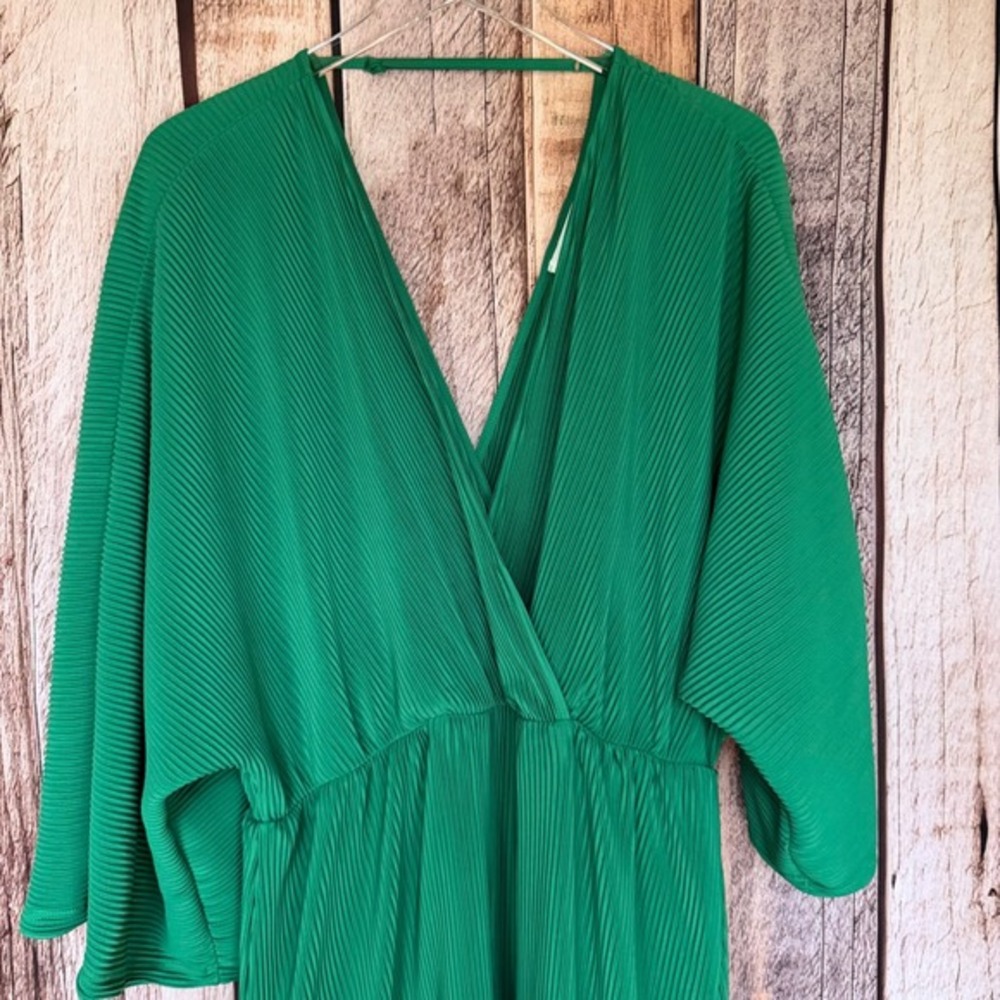 Anthropologie‎ Dress Plissé Faux-Wrap Kimono Sleeve Green Maxi Boho Glam XL NWT - Picture 5 of 10